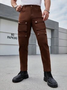Manfinity Homme Pantalones Casuales Ajustados Con Bolsillos De Utilidad Para Hombres - Óxido marrón - Ver 5