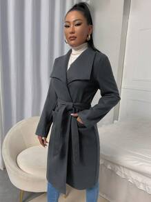 EURMUSE Waterfall Collar Dual Pocket Belted Overcoat - Dark Grey - View 4
