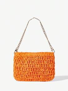 SHEIN SXY 女士純色簡約日常編織單肩包 - 橘色 - 查看 3