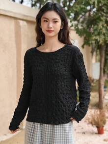 FRIFUL 女性圓領黑色紋理t卹