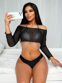 SHEIN Swim 链条装饰透明网眼分体比基尼套装，三件套夏季海滩 - 黑色 - 查看 1