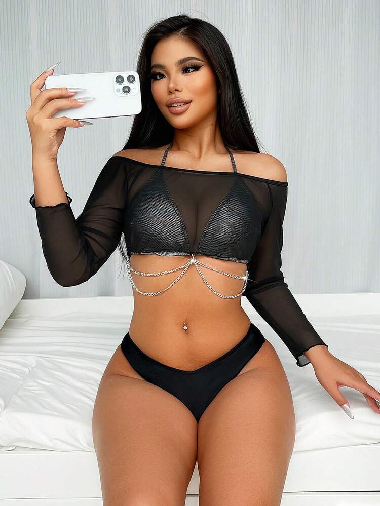 Chain Decorated Sheer Mesh Separates Bikini Set, Three Piece Set Summer Beach