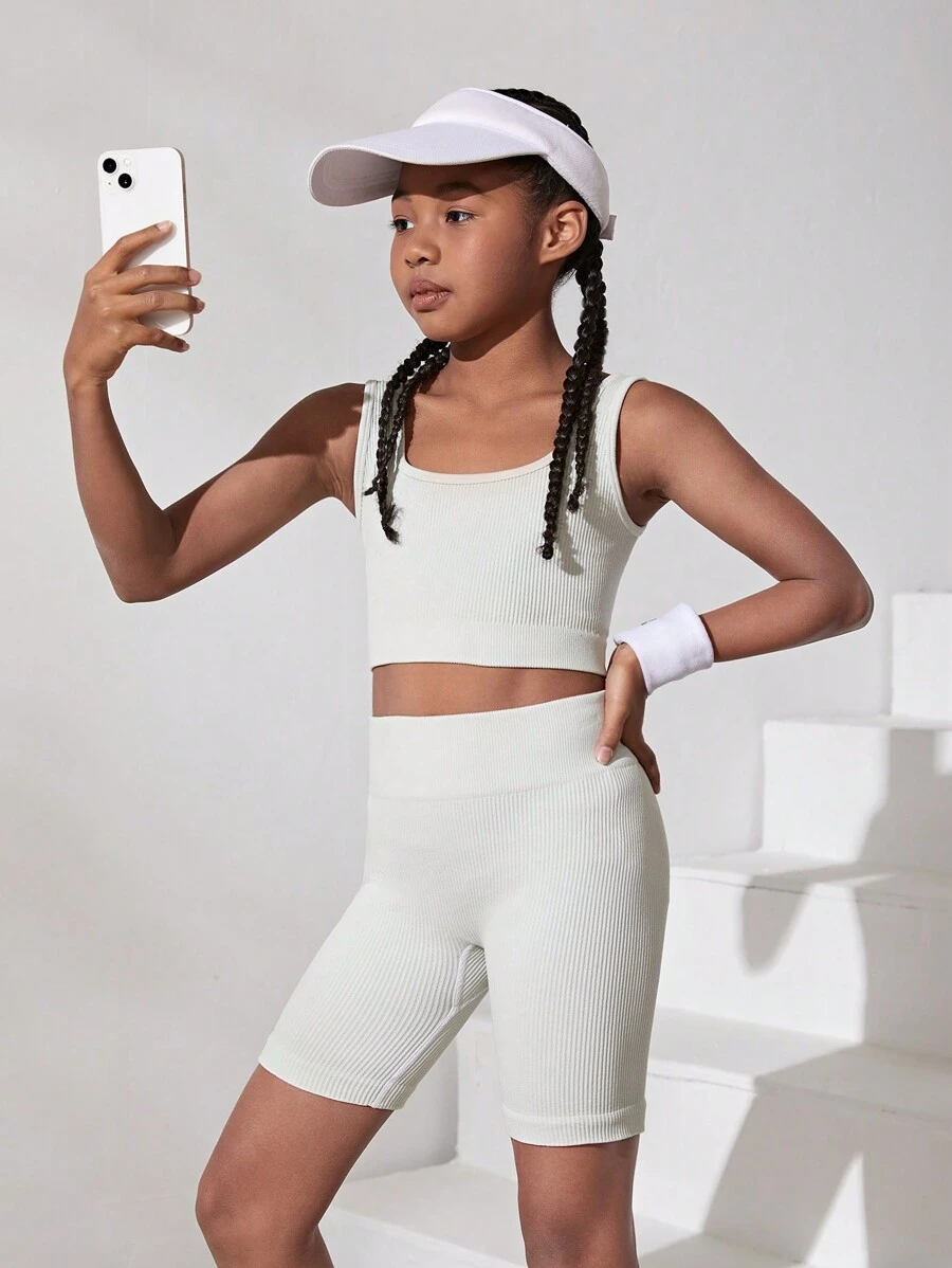 SHEIN Tween Girl Seamless Knitted Jacquard U Neck Vest Shorts Two-Piece Athletic Set - Mint Green - View 1