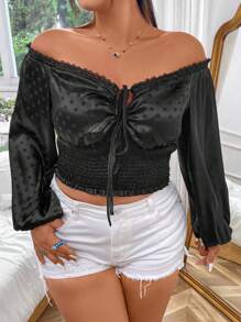 Flirla Plus Off Shoulder Lantern Sleeve Tie Front Shirred Hem Blouse - Black - View 1