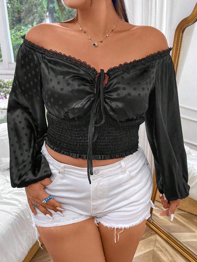 Plus Off Shoulder Lantern Sleeve Tie Front Shirred Hem Blouse