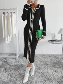 EMERY ROSE Khối màu Cạnh cuộn Nút xuống Tách Đầm Áo len - Đen và trắng - Xem 7