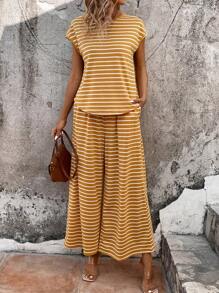 SHEIN LUNE 女士條紋蝙蝠袖2件套裝 - 黃色 - 查看 1