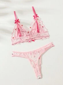 SHEIN Bộ đồ lót xuyên thấu và áo ngực lưới thêu hoa dành cho nữ - Hồng - Xem 2