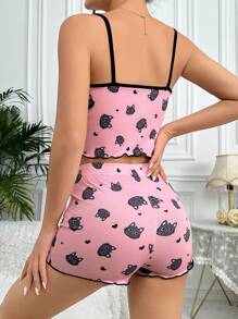 Conjunto De Pijama Para Mujeres Con Estampado De Gato - Rosa - Ver 2