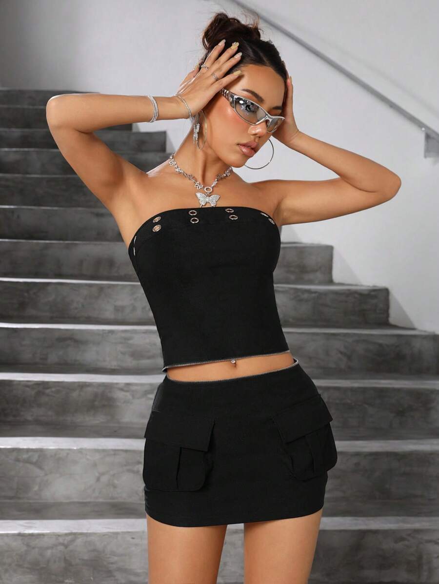 SHEIN ICON 2 Unids/set Top De Tubo Con Ojales De Metal Y Falda Estilo Cargo De Cintura Baja Con Bolsillos - Negro - Ver 1