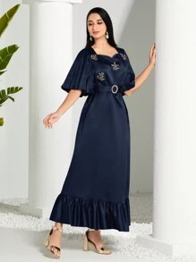 Modelyn 女士阿拉伯连衣裙，配心形领口和荷叶边下摆 - 藏蓝色 - 查看 5