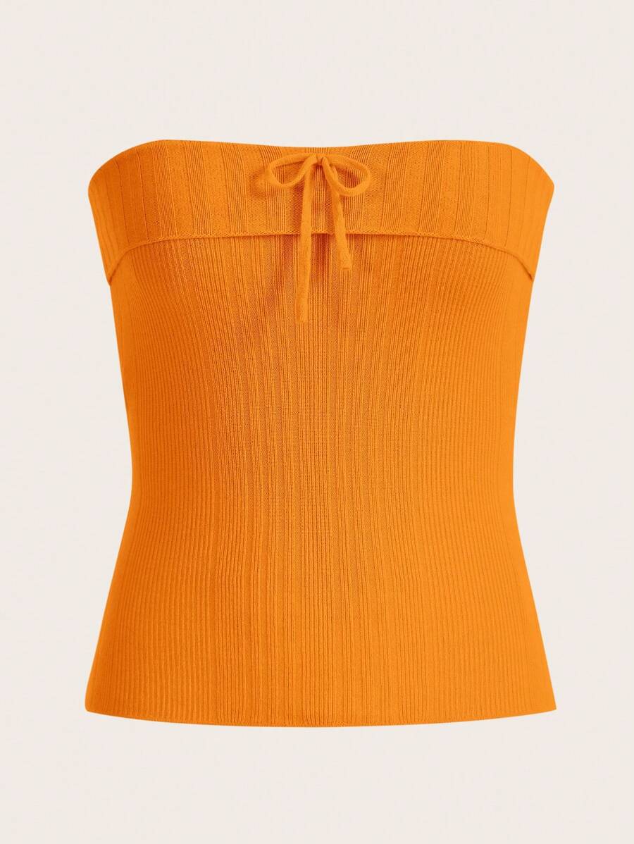 SHEIN Qutie Của phụ nữ Dệt kim Áo Bandeau  Với Dây đai - trái cam - Xem 1