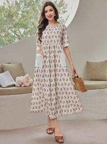 Seusyu 女性花卉印花雙口袋連衣裙 - 鏽棕色 - 查看 5