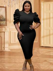 Robe de soirée moulante à manches bouffantes ajourées de grande taille, élégante, pour cocktail, semi-formelle, pour bal de promo, invité de mariage. Convient pour anniversaire, remise de diplôme, dîner, bal des finissants. - Noir - Voir 2