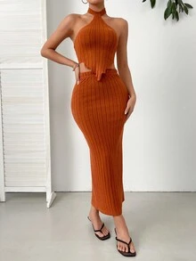 SHEIN Essnce Bộ đồ hai mảnh đi nghỉ mát mùa hè, áo thun co giãn cao màu cam, cổ yếm, viền bất đối xứng và chân váy len dệt kim màu trơn - trái cam - Xem 3