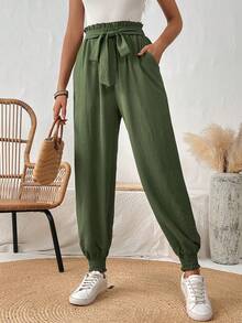 SHEIN LUNE Của phụ nữ Màu thuần Quần Với Túi - xanh quân đội - Xem 6