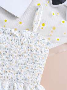 SHEIN 少女蓝色上衣和碎花吊带连衣裙两件套 - 黃色 - 查看 3