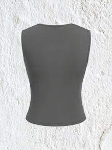 SHEIN EZwear 純色打褶方領修身背心 - 灰色 - 查看 2