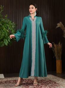 Al Najma Geometric Pattern Notched Neckline Fuzzy Decorated Dress - Green - View 4