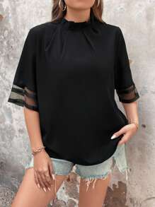 SHEIN Clasi Kích thước lớn Của phụ nữ Đứng cổ áo Nửa tay Áo sơ mi - màu đen - Xem 4