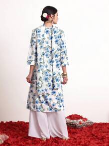 Divindia Women's Floral Print Hollow Out Dress Style Long Sleeve Kurta - Blue - View 2