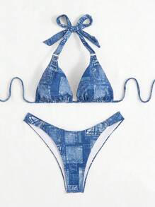 SHEIN Swim Bộ bikini cổ yếm hiệu ứng denim đi biển mùa hè - Màu xanh lam - Xem 4