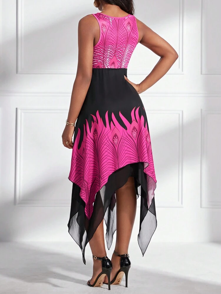 Women'S V Neck Sleeveless Asymmetric Hem Dress