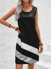 SHEIN LUNE 條紋斜裁條紋和位置印花休閒、商務和時尚圓領無袖連衣裙(女裝) - 彩色 - 查看 4