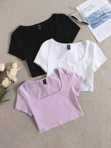 SHEIN EZwear 女士實色方領短袖t恤 - 淡紫色 - 查看 1