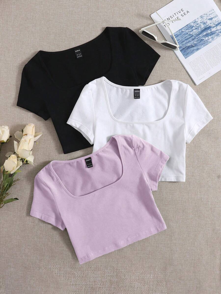 SHEIN EZwear 女士實色方領短袖t恤 - 淡紫色 - 查看 1