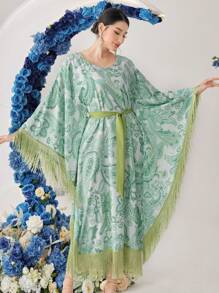 Al Najma Vestido con mangas tipo murciélago con flecos y estampado paisley bohemio, kaftán modesto - Verde - Ver 3