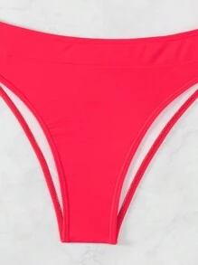 SHEIN Swim 夏季海滩女士纯色荷叶边比基尼套装 - 紅色 - 查看 6