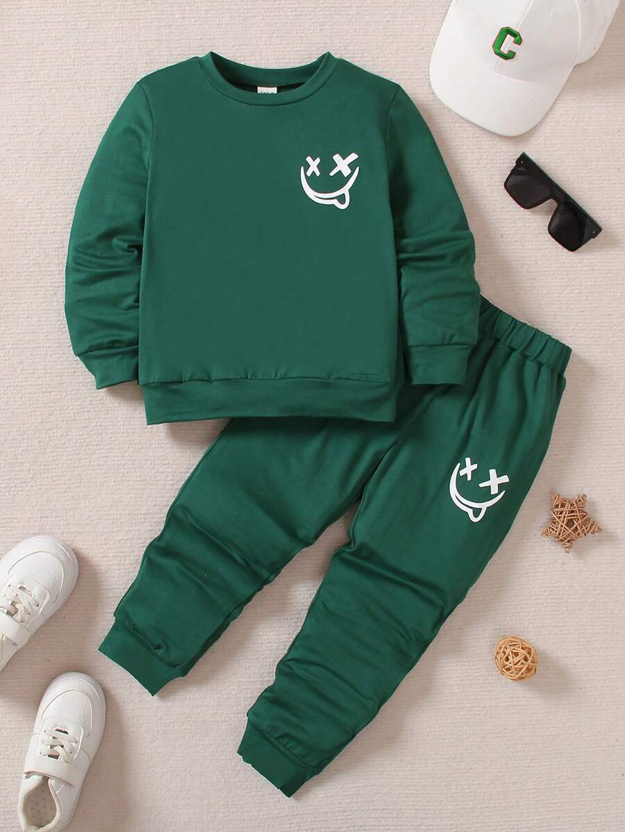 SHEIN Playful Pals Young Boys' Solid Color Sweatshirt And Pants Set With Expression Printing - Dark Green - View 1