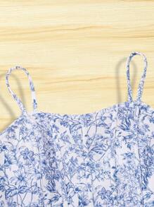 SHEIN 少女藍白瓷印花吊帶上衣 - 藍色 - 查看 5