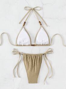 SHEIN Swim Summer Solid Color Textured Bikini Set With Studs Detail And Halter Neck Strap - Khaki - View 7