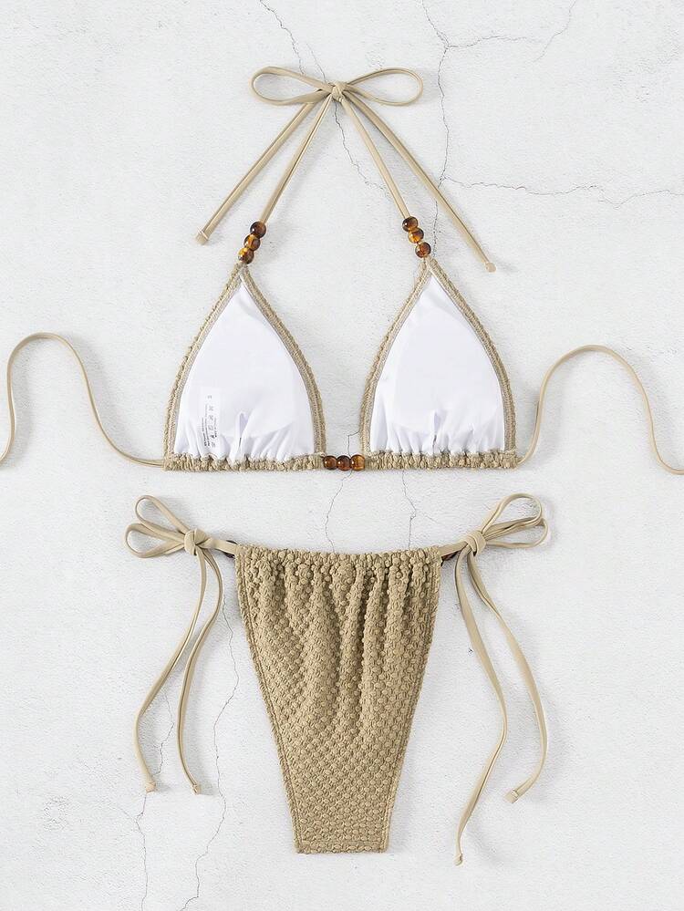 Summer Solid Color Textured Bikini Set With Studs Detail And Halter Neck Strap
