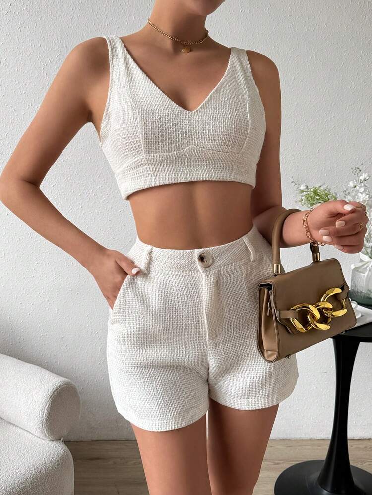 Women's V-Neck Cropped Top And Shorts Set