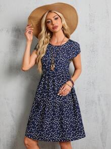 EMERY ROSE Vestido midi azul de manga corta y manga murciélago con estampado floral para mujer, vestidos de verano para mujeres