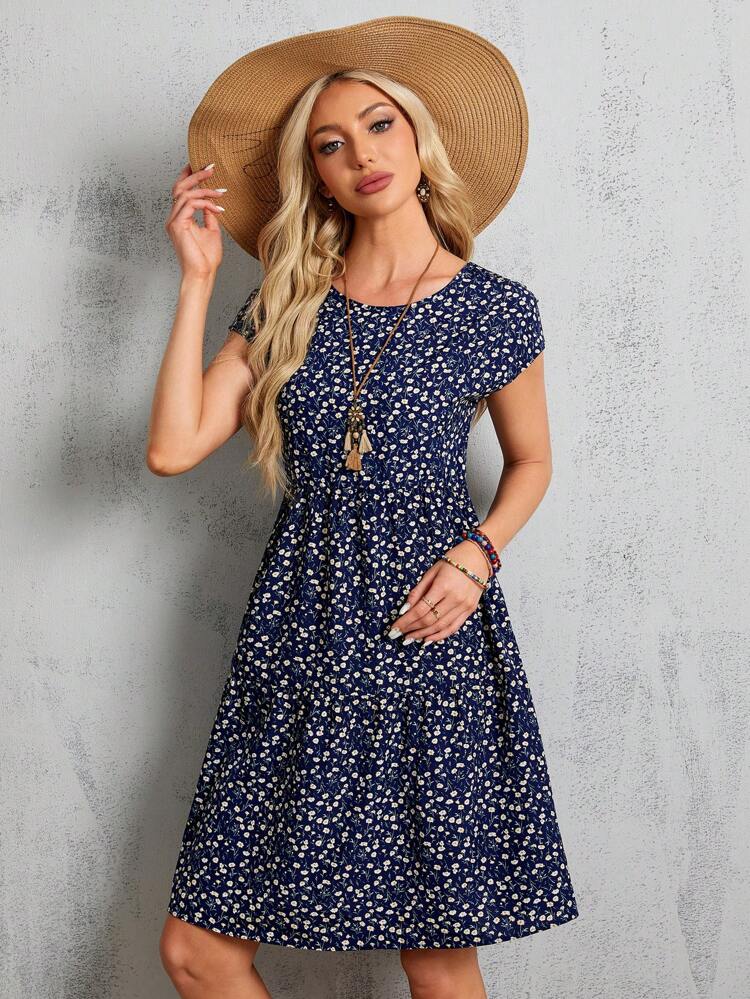 Women's Summer Blue Short-Sleeve Batwing Sleeve Floral Midi Dress,Summer Dresses For Women