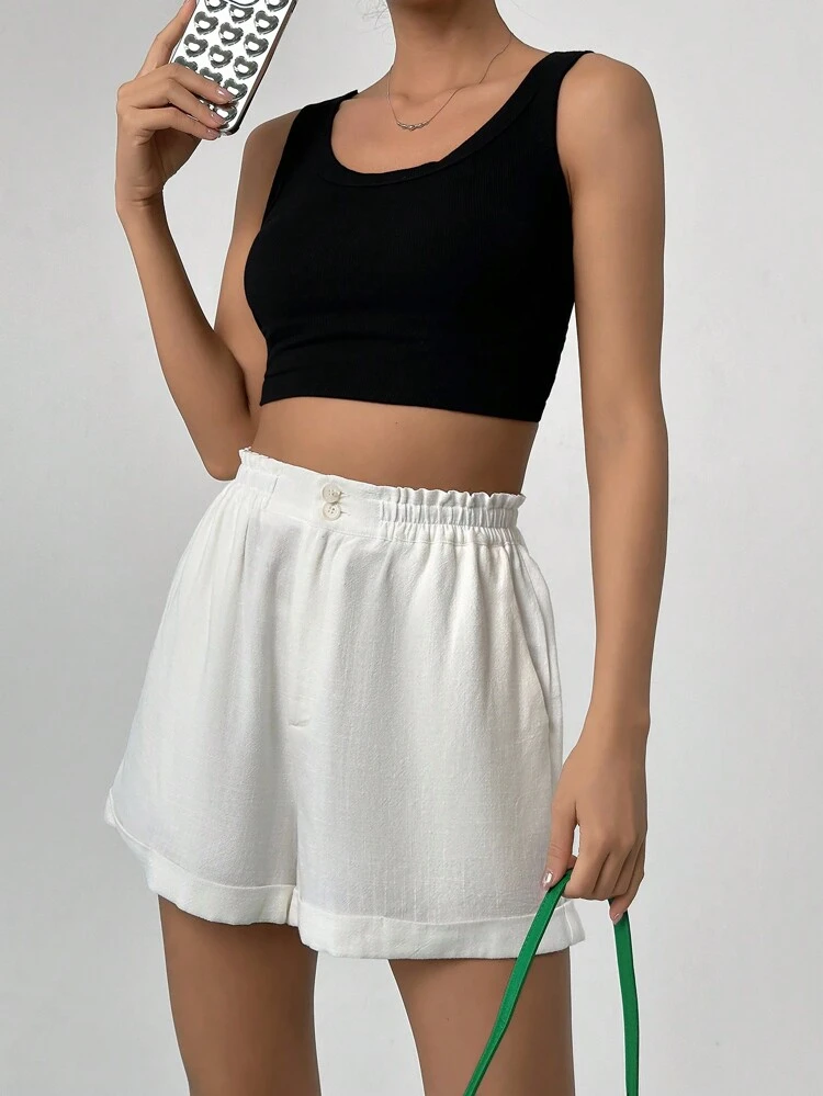 Ladies' Casual Solid Color Button Closure Linen Shorts