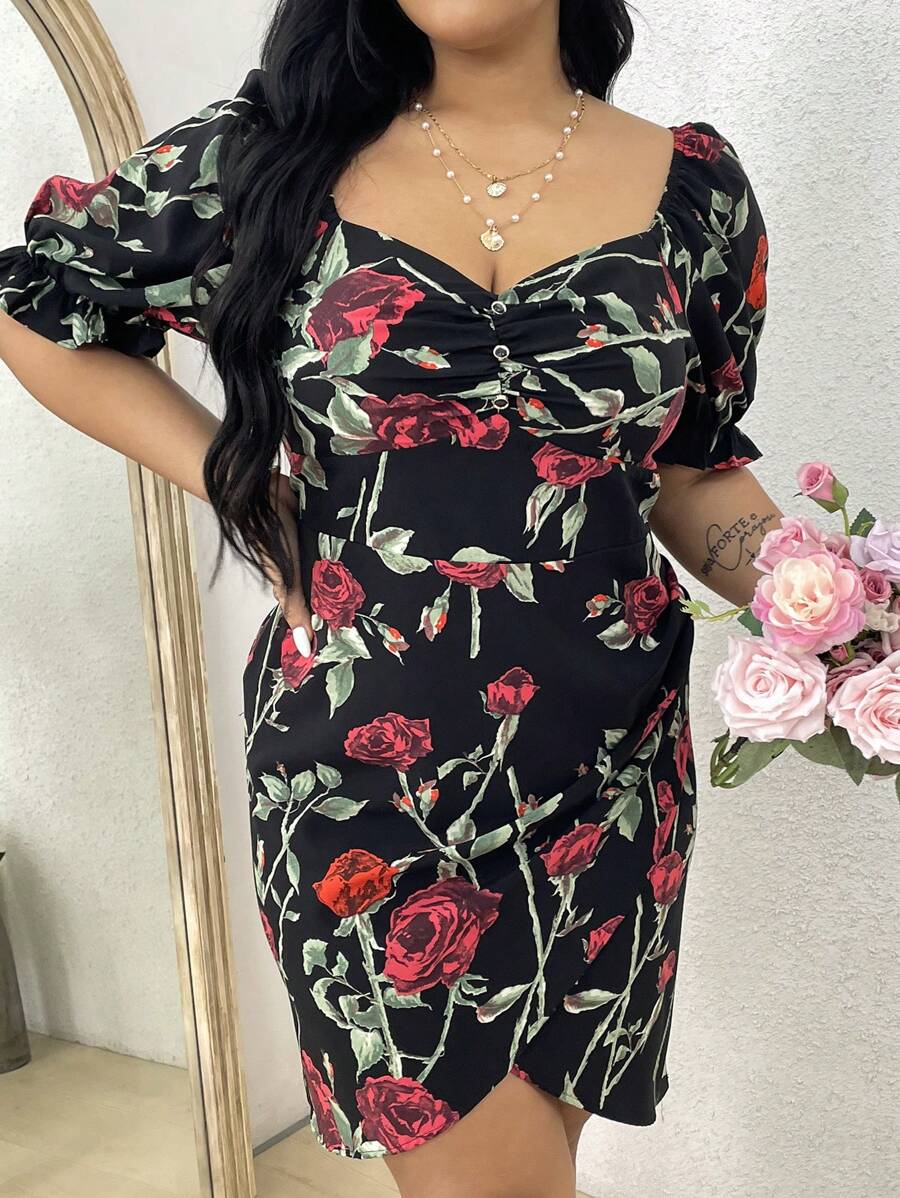 Flirla 大尺碼女款花卉印花雞心領連身裙 - 黑色 - 查看 1