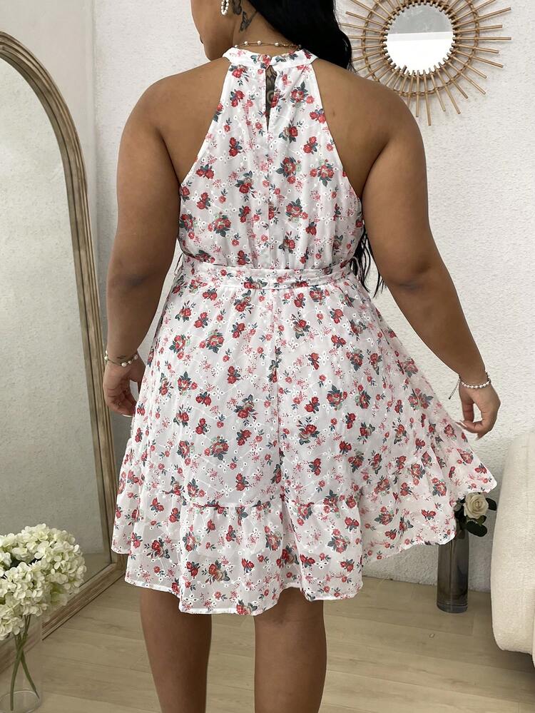 Plus Size Women's Floral Print Halter Neck Dress