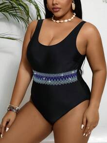 SHEIN Swim Curve 夏季大码女式几何拼接绷带连体泳衣 - 黑色 - 查看 4