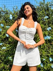 Soleia Jednolity kolor Pofałdowany Wiązanie Bez Rękawów Romper - Biały - Zobacz 1