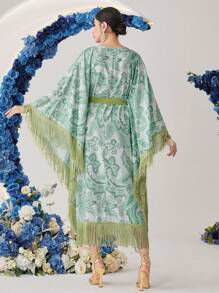 Al Najma Vestido con mangas tipo murciélago con flecos y estampado paisley bohemio, kaftán modesto - Verde - Ver 2
