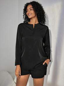 Ocili Leisure Women's Button Front Half Placket Long Sleeve Lounge Top - Black - View 4