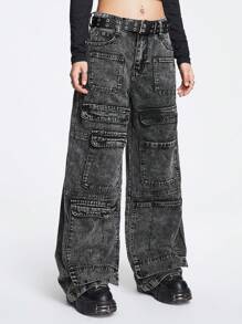 ROMWE Grunge Punk Flap Pocket Cargo Jeans - Dark Grey - View 3