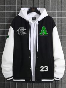 Manfinity Homme Men's Plus Size Slogan Pattern Color Block Baseball Jacket - Black and White - View 5