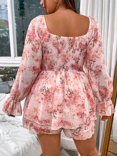 Sunnyshic Plus Size Áo liền quần tay xếp nếp cổ vuông in đầy đủ