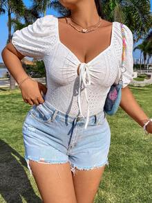 Flirla Kích thước lớn Của phụ nữ Ống tay áo Mặt trước Buộc Áo thun - trắng - Xem 4